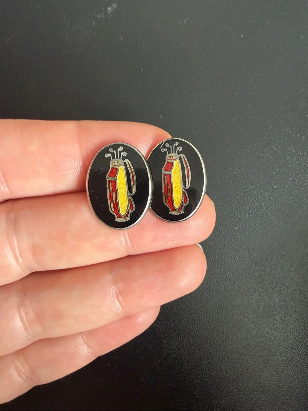 Men's Black Enamel Golf Bag Cuff Links with Red and Yellow Detail. .925 silver.